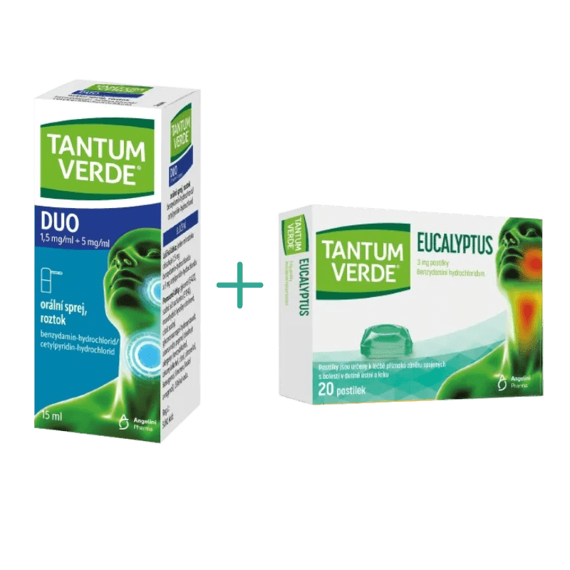 TANTUM VERDE DUO 1,5 mg/ml + 5 mg/ml orální sprej, roztok 15 ml a Tantum Verde Eucalyptus 3 mg 20 pastilek