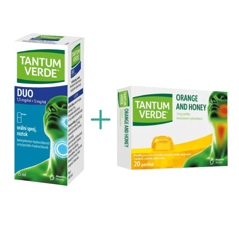 TANTUM VERDE DUO 1,5 mg/ml + 5 mg/ml orální sprej, roztok 15 ml a Tantum Verde Orange and Honey 3 mg 20 pastilek