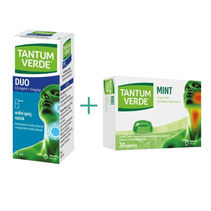 TANTUM VERDE DUO 1,5 mg/ml + 5 mg/ml orální sprej, roztok a Tantum Verde Mint 3mg 20 pastilek 15 ml