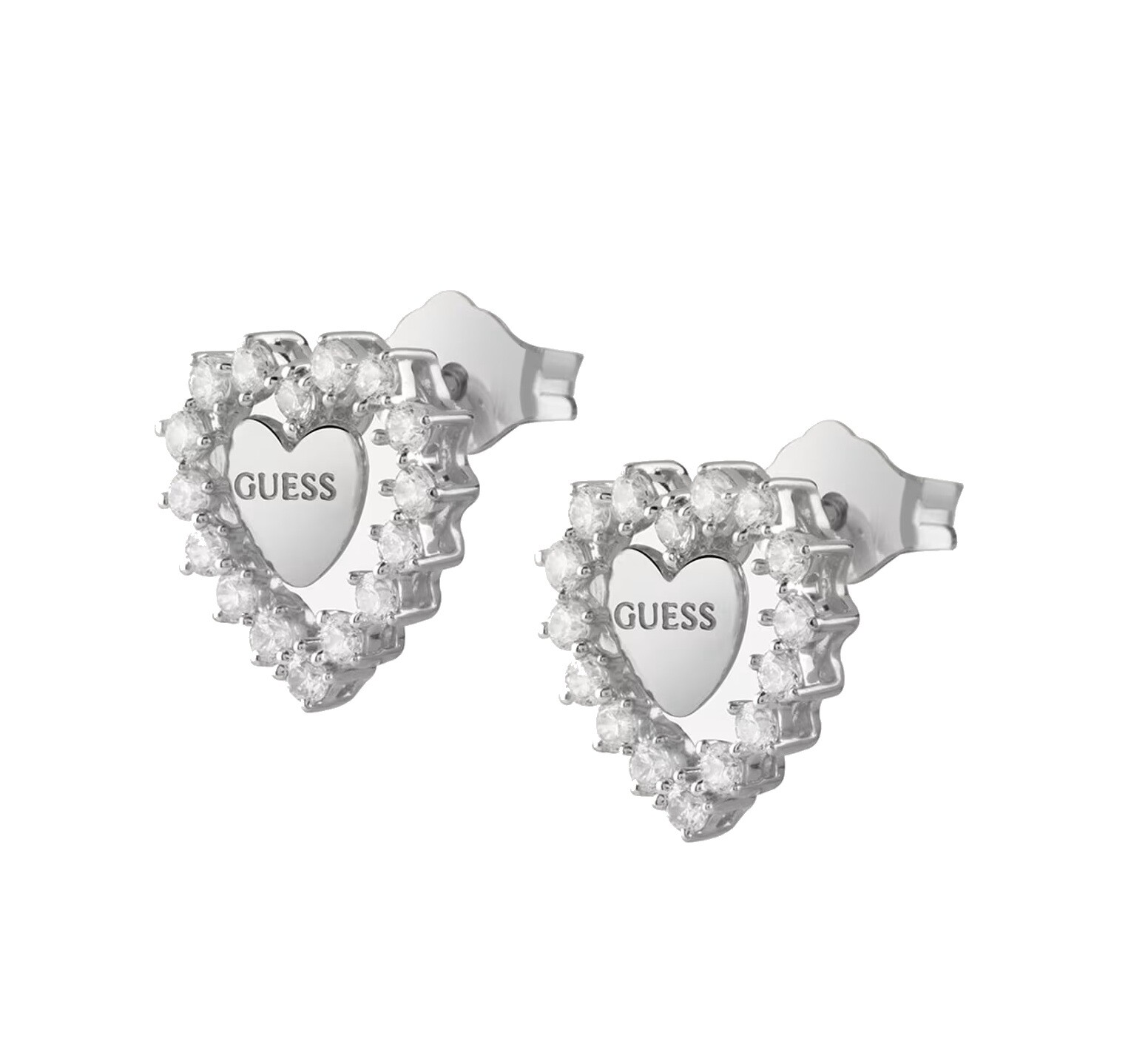 Guess Stříbrné srdíčkové náušnice s kubickými zirkony Jardin JSBE04458JWRHT/U