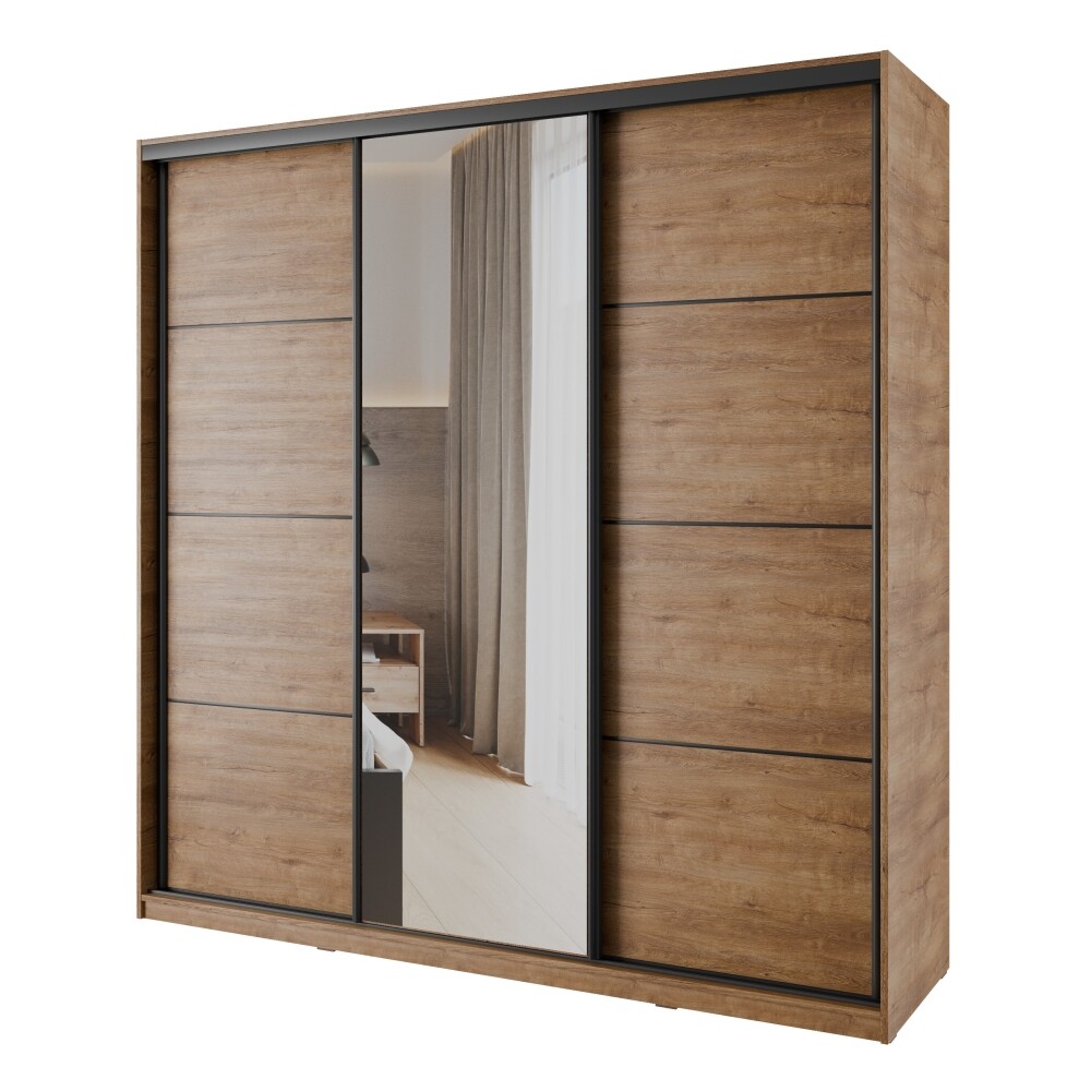 Šatní skříň NEJBY BARNABA 200 cm s posuvnými dveřmi,zrcadlem,4 šuplíky a 2 šatními tyčemi,dub lefkas