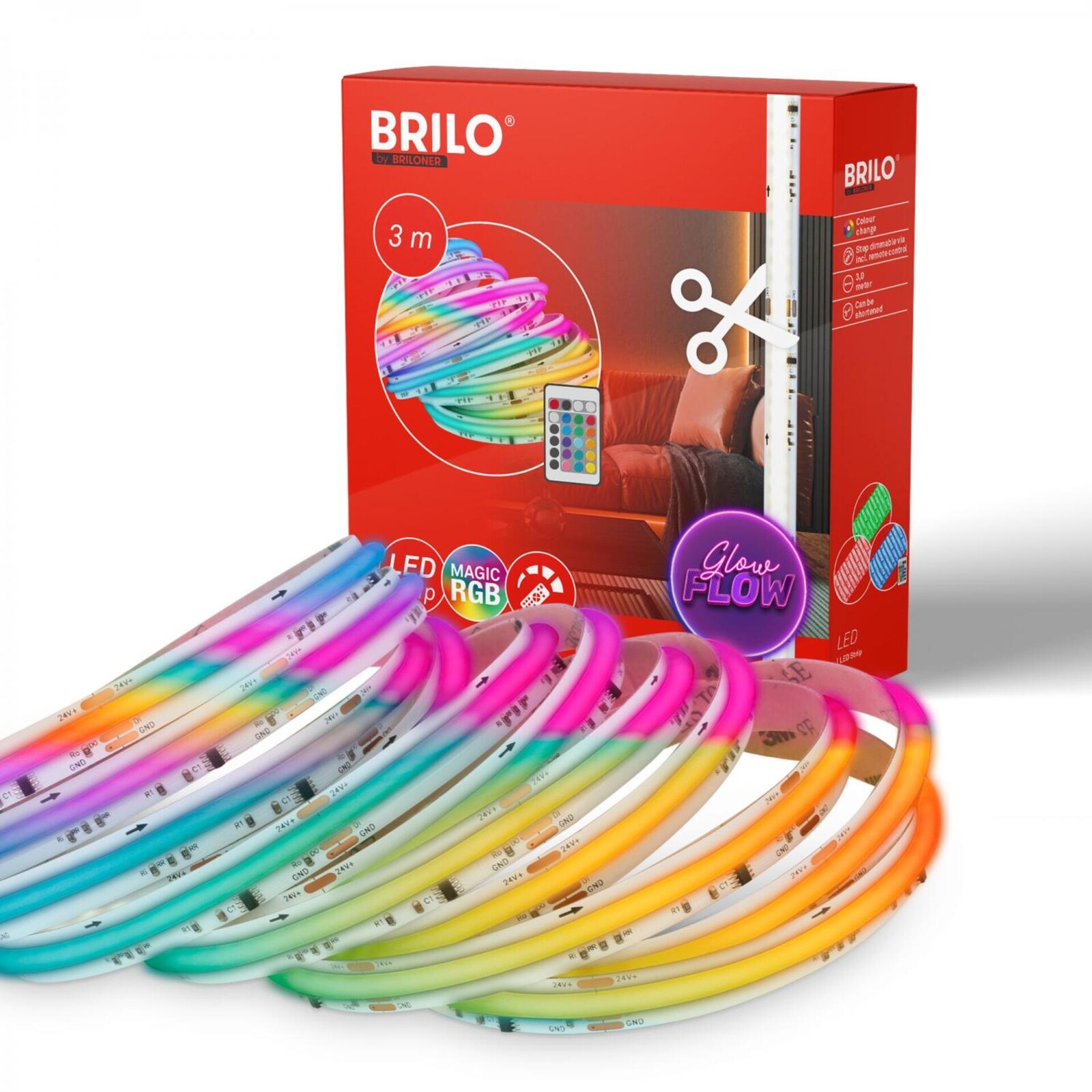 BRILONER COB LED pásek 3m, dálkový ovladač, RGB IC dynamické barvy, bílý 2322480