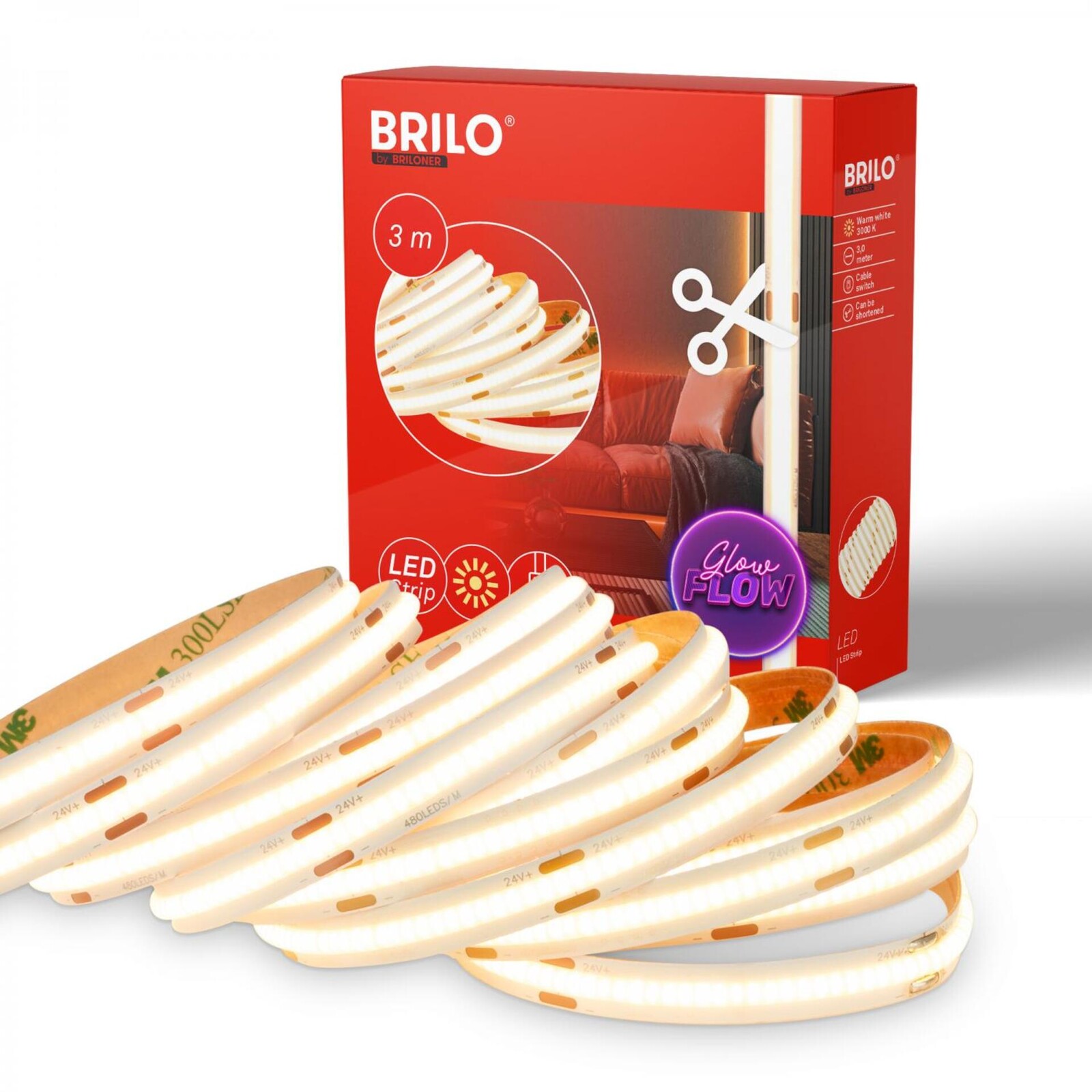 BRILONER COB LED Strip 3m, samolepící, teplá bílá, bílé 2318480