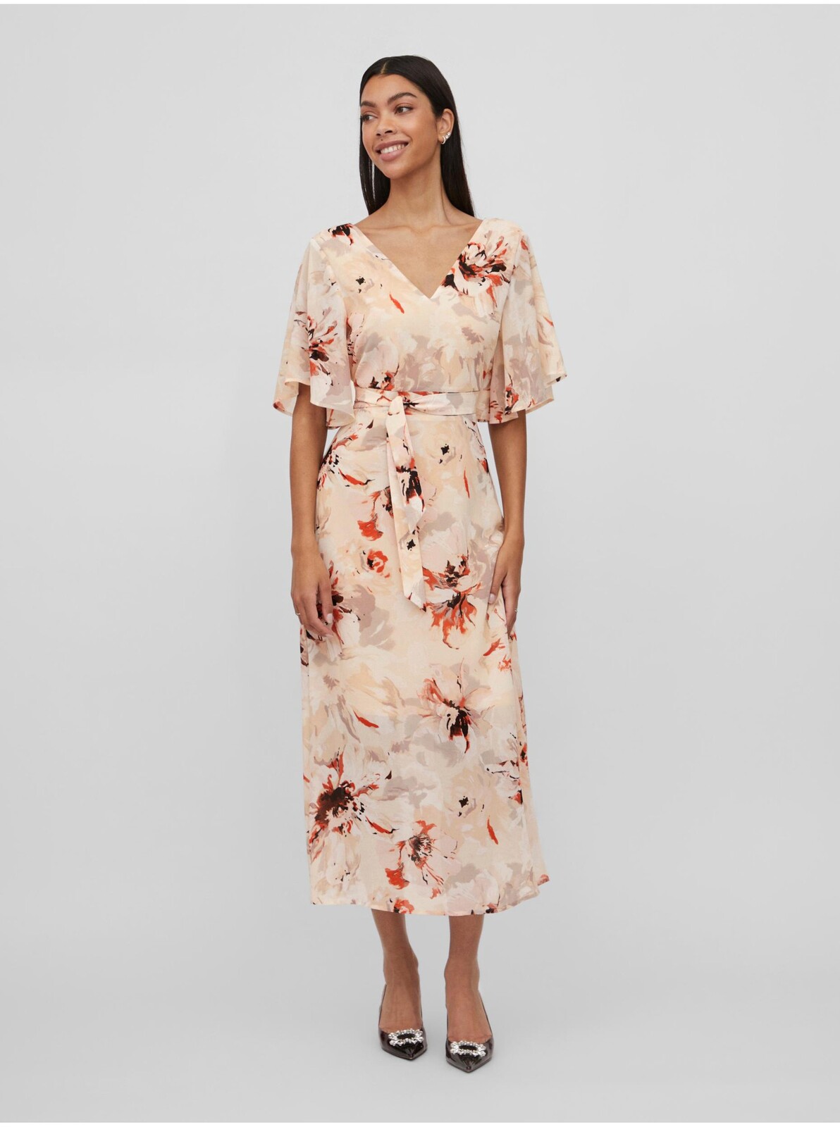 Meruňkové dámské květované midišaty VILA Karin - Dámské