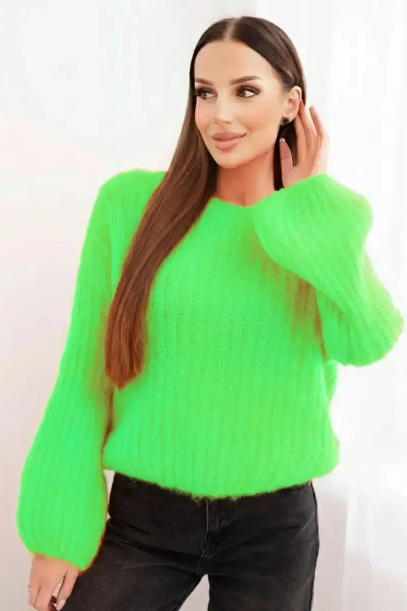 Kesi Włoski Svetr dámský z mohairu s bufáčovými rukávy jasně zelená
