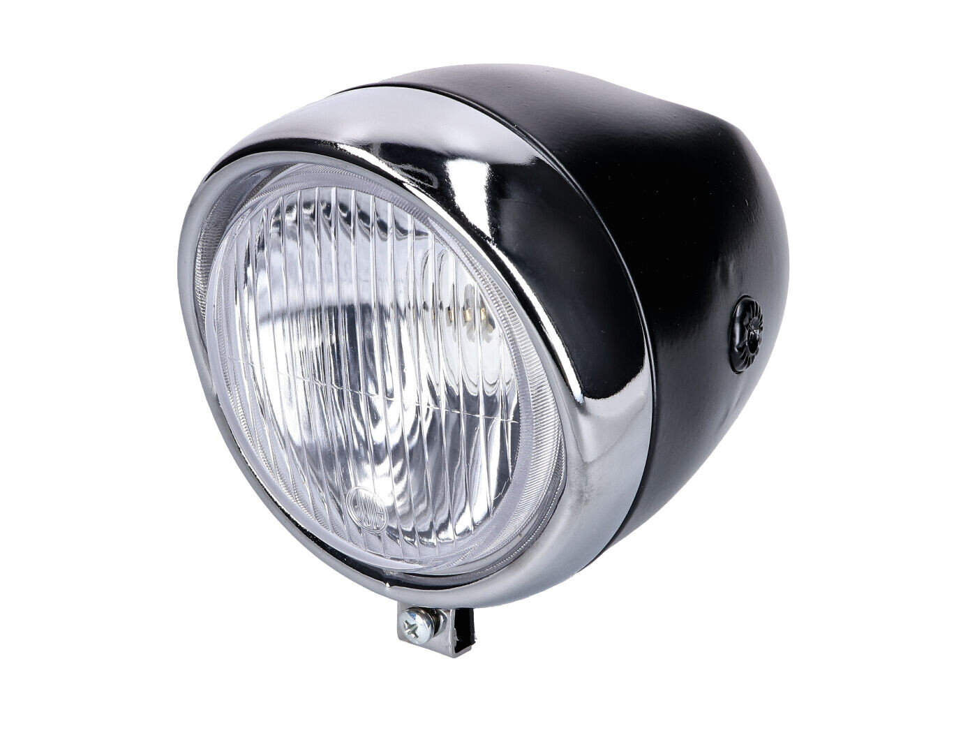 OEM Standard Přední světlo kulaté 130 mm, černé tělo s chromovým kroužkem pro Puch Moped