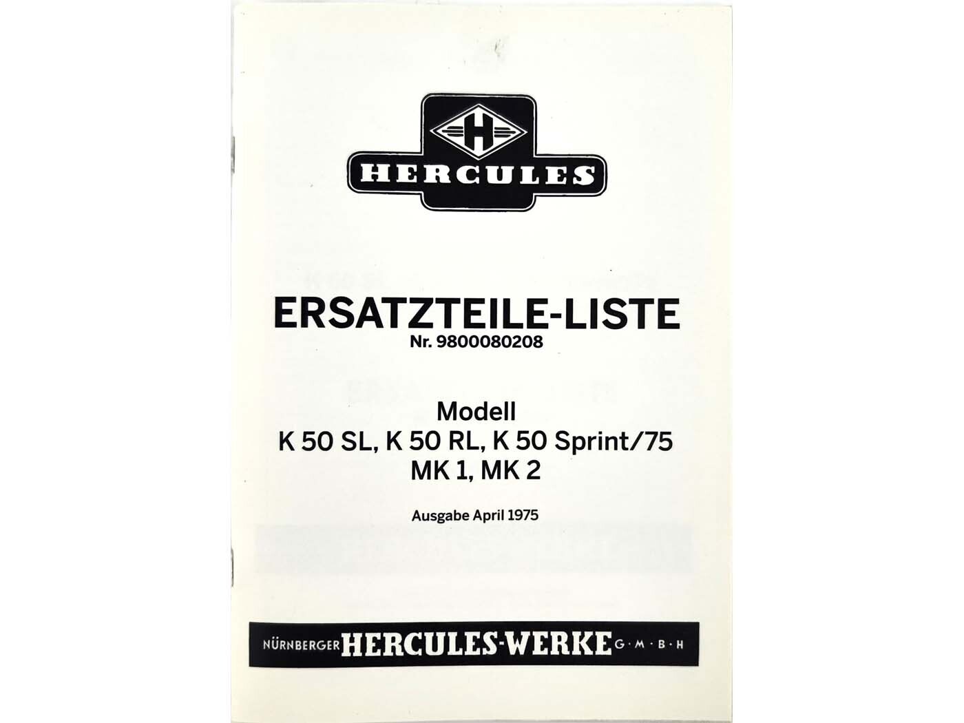 Diverse / Import Seznam náhradních dílů, katalog dílů 1975 pro Hercules K 50 RL SL MK 1 MK 2 Sprint Moki
