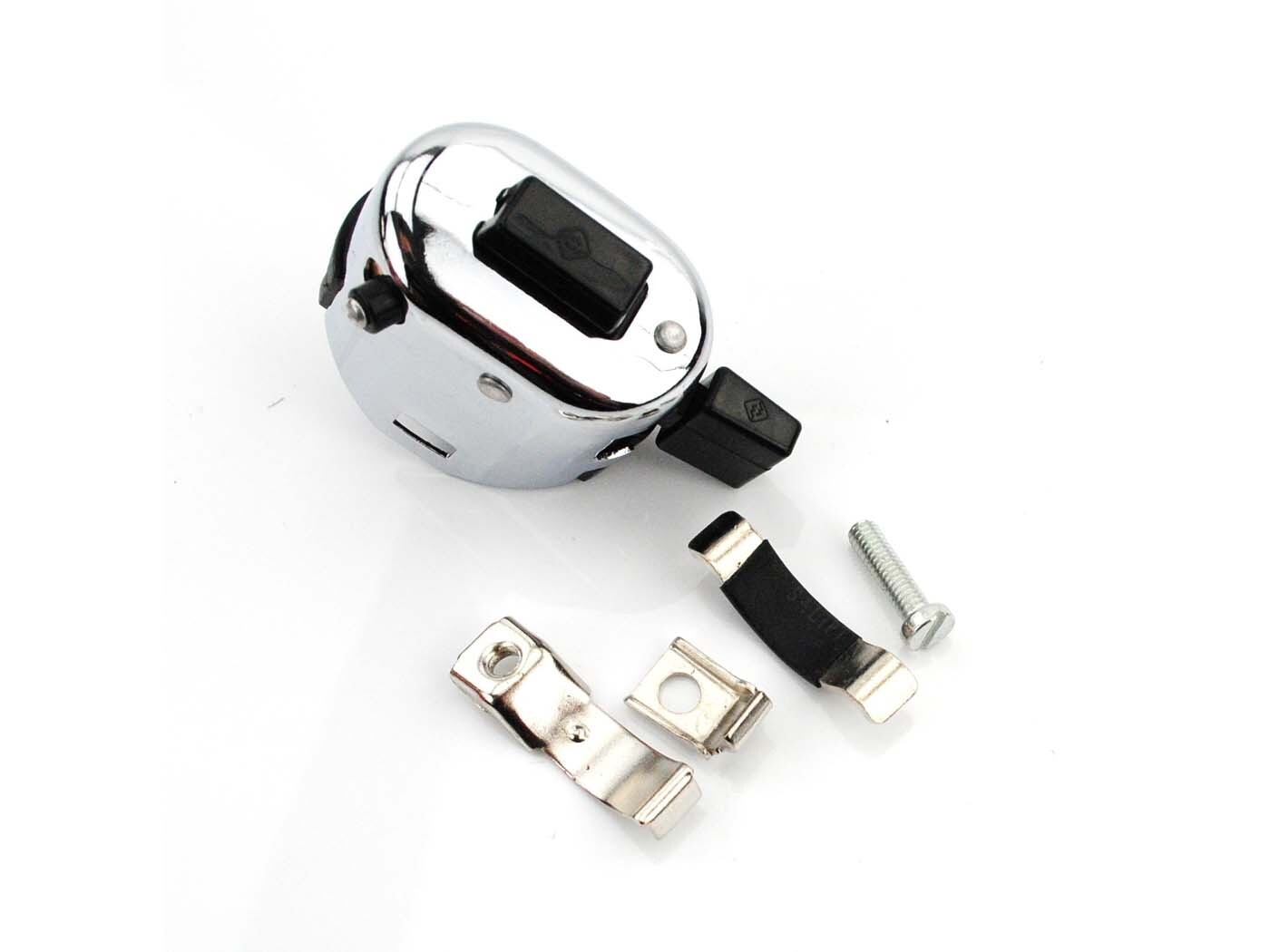 Spínač světel Goebel tlačítkový s montážním klipem, chrom, pro Hercules Prima M, MK, K, KX, Ultra, HR, SB, CB 220, Kreidler Florett, Flory, MF, MP, Puch Maxi, Monza, MS, VS, DS, X, Jet, Racing, Zündapp GTS, KS, CS, CX, Hai, C, ZD, ZL, ZX, Combin