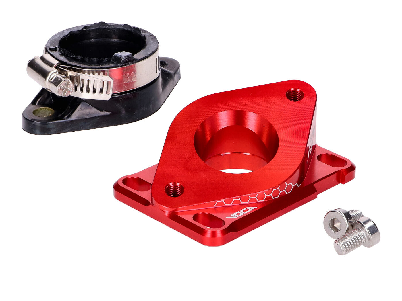 Voca Racing Sací příruba VOCA hliníková CNC PWK 21–28 mm červená pro Minarelli AM6, Derbi