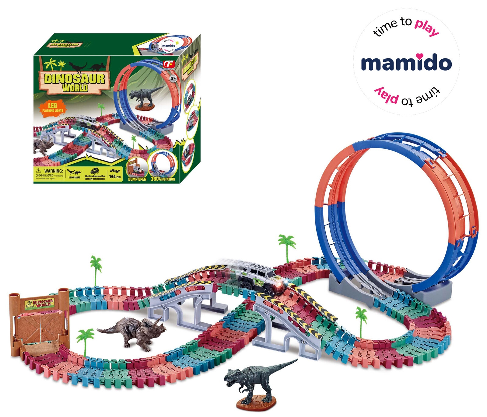 Mamido Dinosauří závodní dráha s velkou smyčkou a světly 144 dílů MT1522
