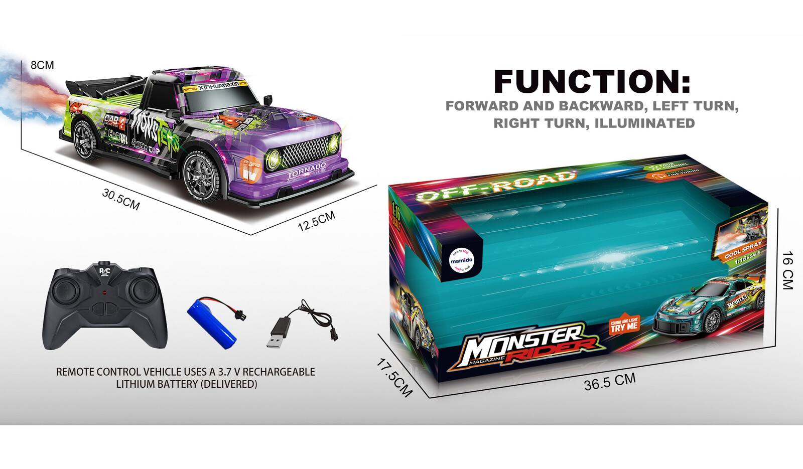 Mamido Autíčko na dálkové ovládání Drift Monster Rider s kouřovým efektem modré RC