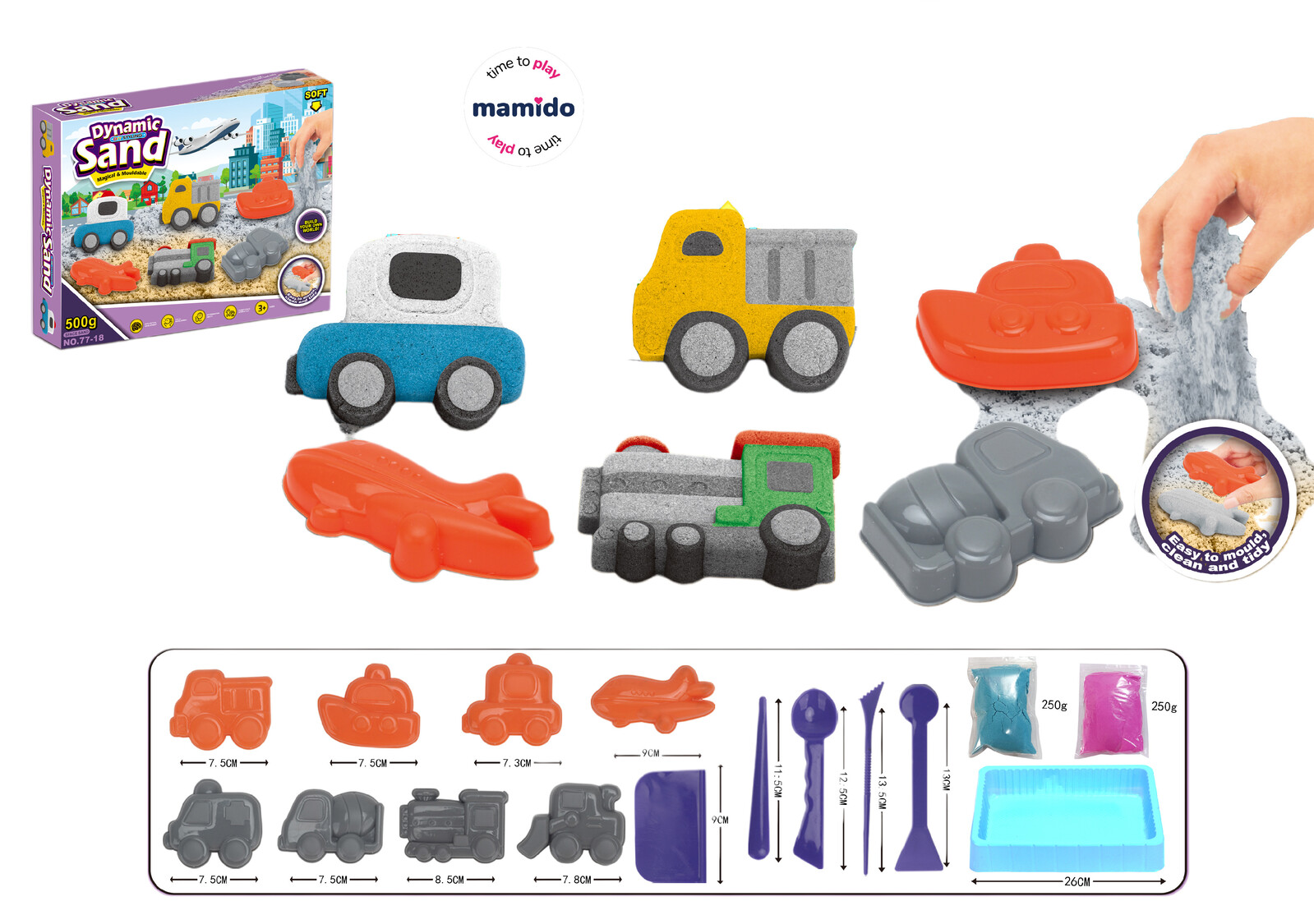 Mamido Kinetický písek s formičkami dopravních prostředků 500 g