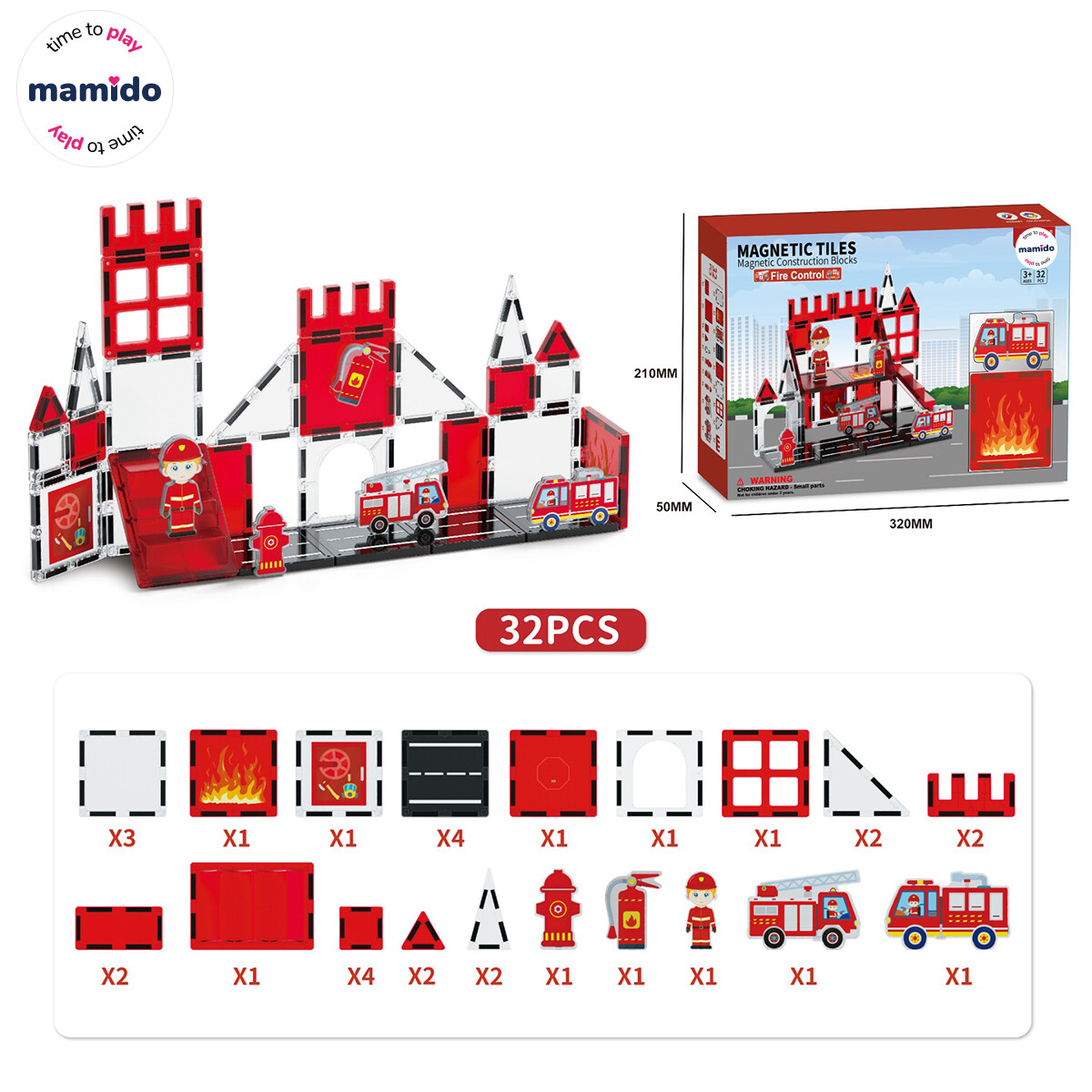 Mamido Magnetická stavebnice hasiči 32 dílů, 2x hasičské auto, hasič
