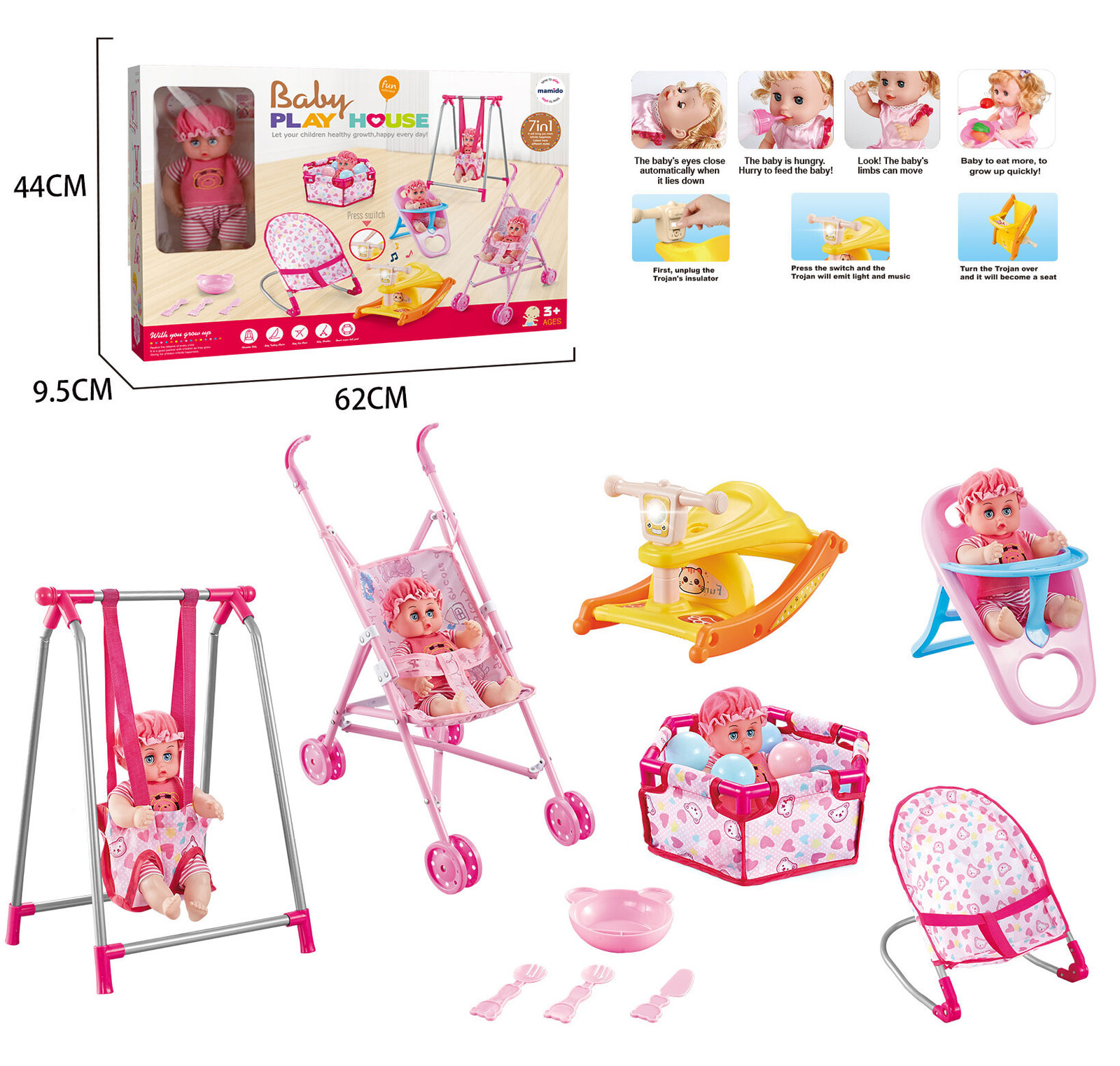 Mamido Sada pro panenky 7v1 panenka, houpačka, kočárek a ohrádka