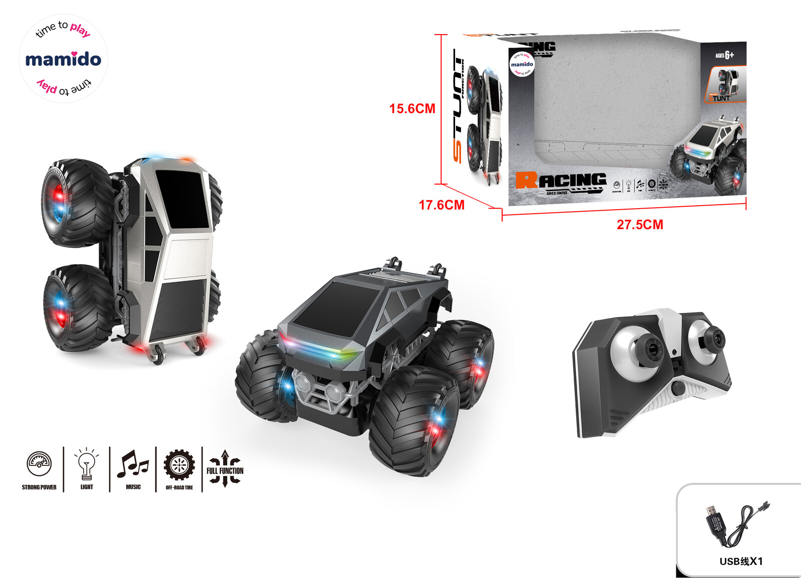 Mamido Terénní auto na dálkové ovládání Stunt Truck světly a hudbou šedé MT1429 RC