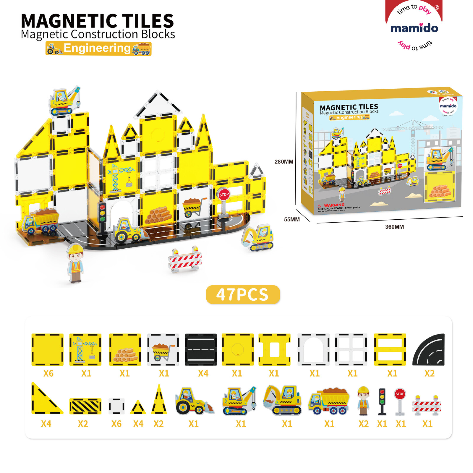 Mamido Magnetická stavebnice dopravní město 47 dílů, jeřáb, bagr, nakladač MT1476