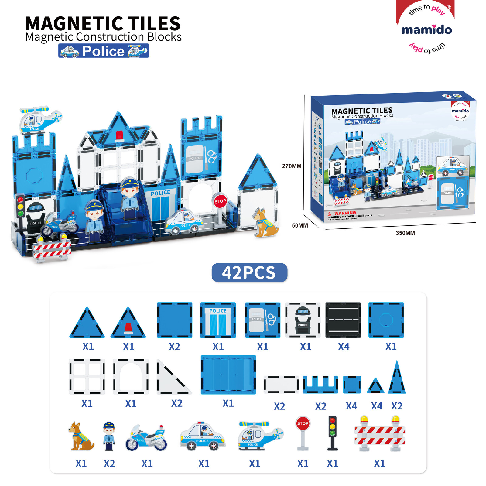 Mamido Magnetická stavebnice policie 42 dílů, Policejní motorka, vrtulník, auto, pes MT1480