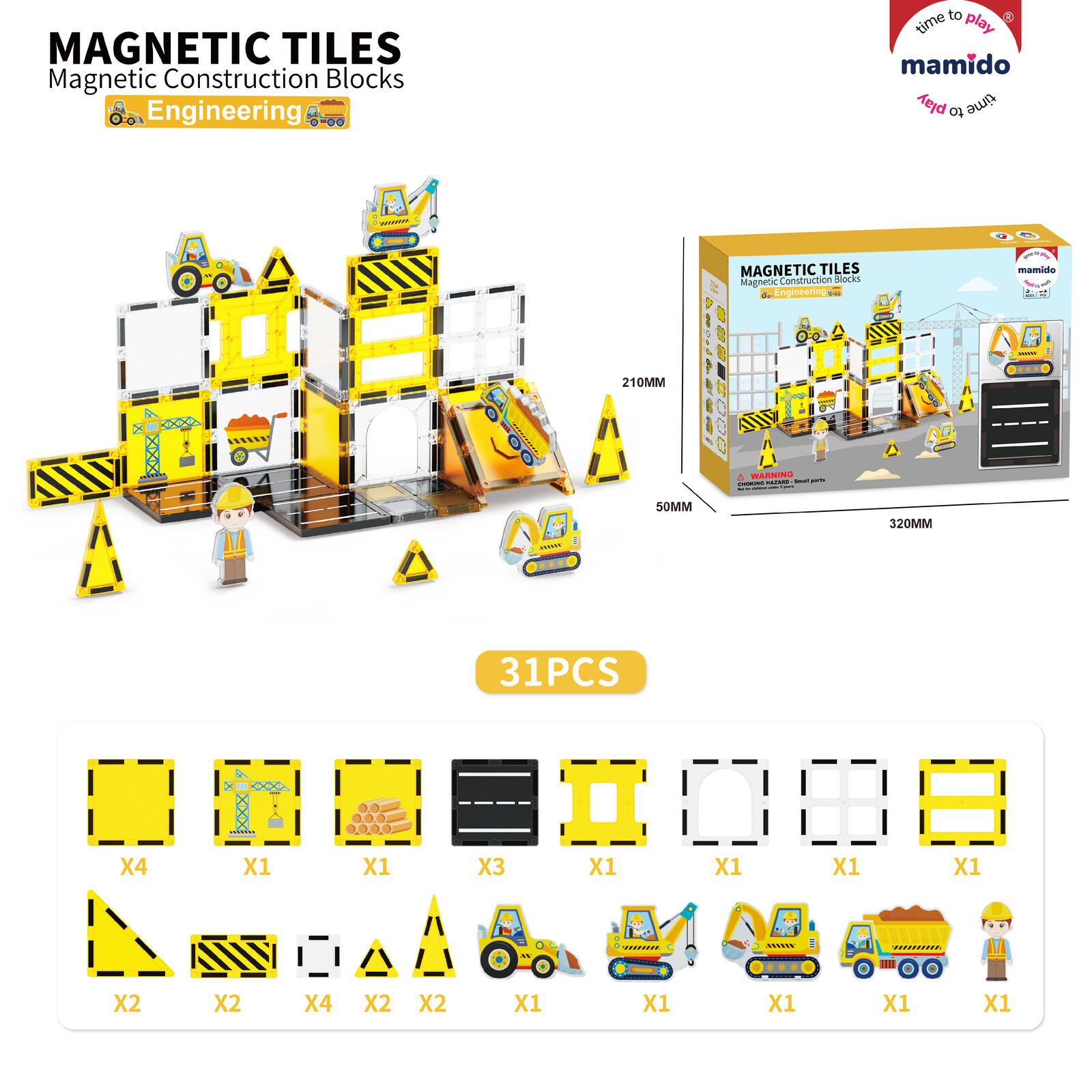 Mamido Magnetická stavebnice dopravní město 31 dílů, bagr, jeřáb, nakládač MT1481