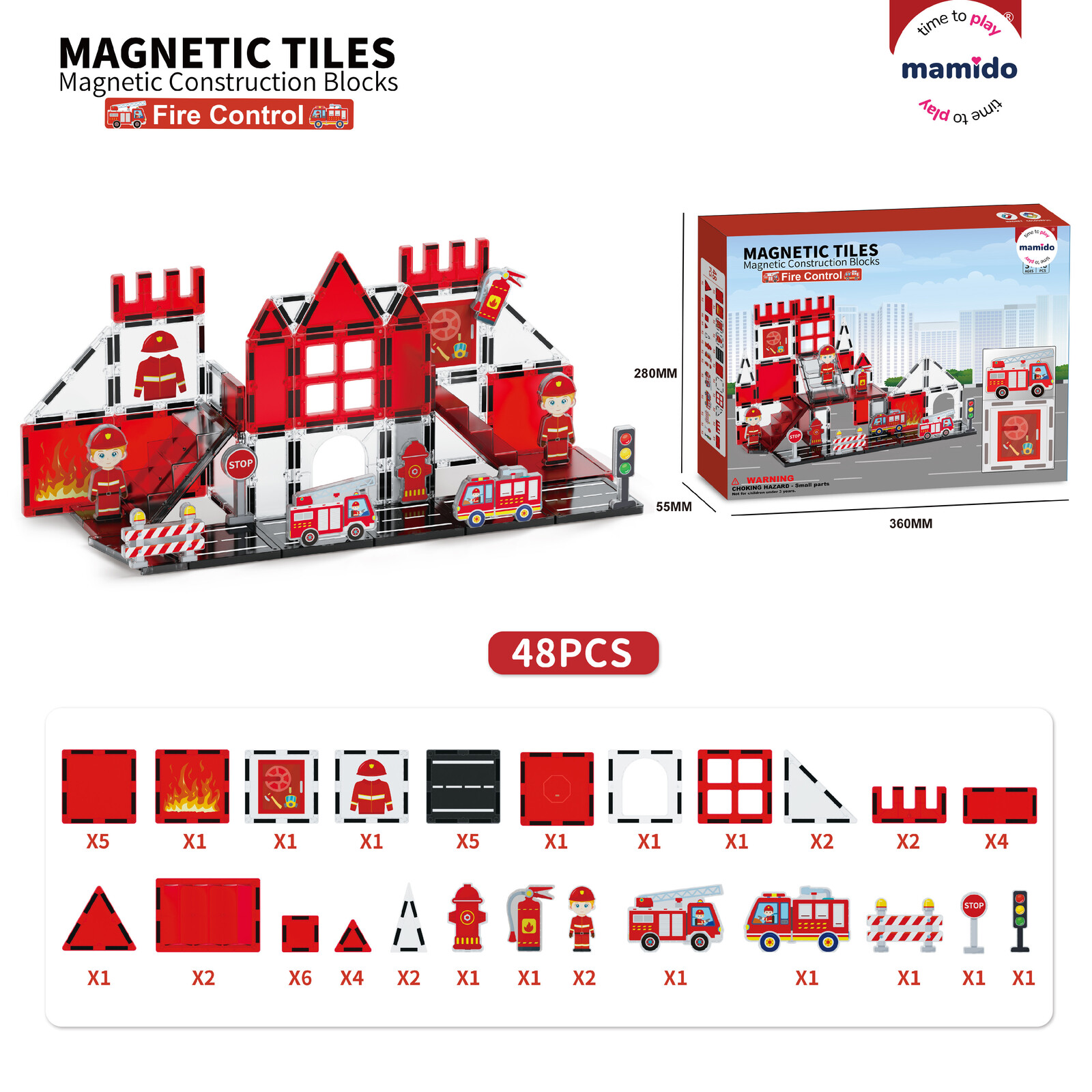 Mamido Magnetická stavebnice hasiči 48 dílů, hasičská stanice MT1482