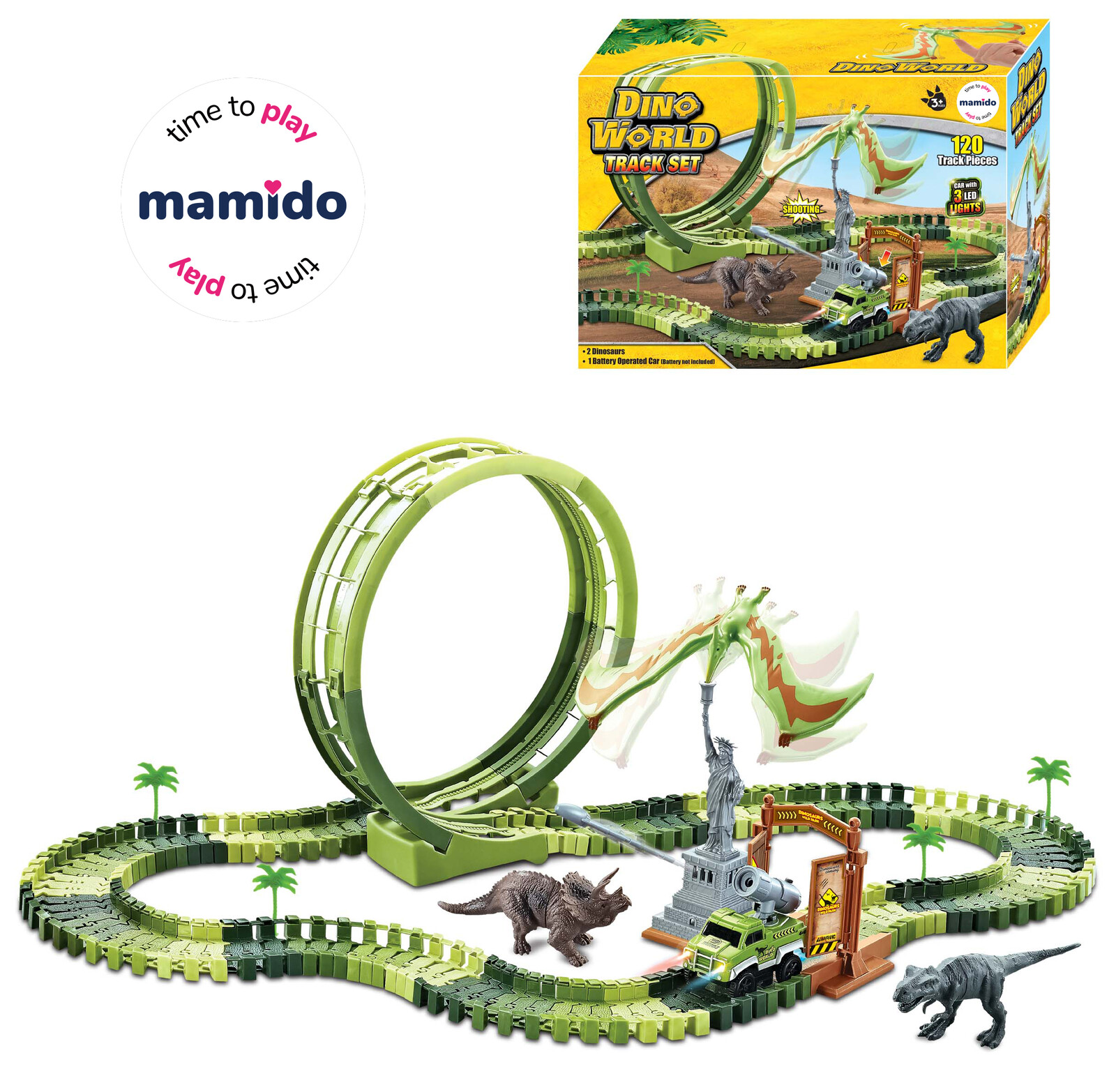 Mamido Dinosauří závodní dráha se smyčkou, figurkami a autíčkem 120 dílů MT1523