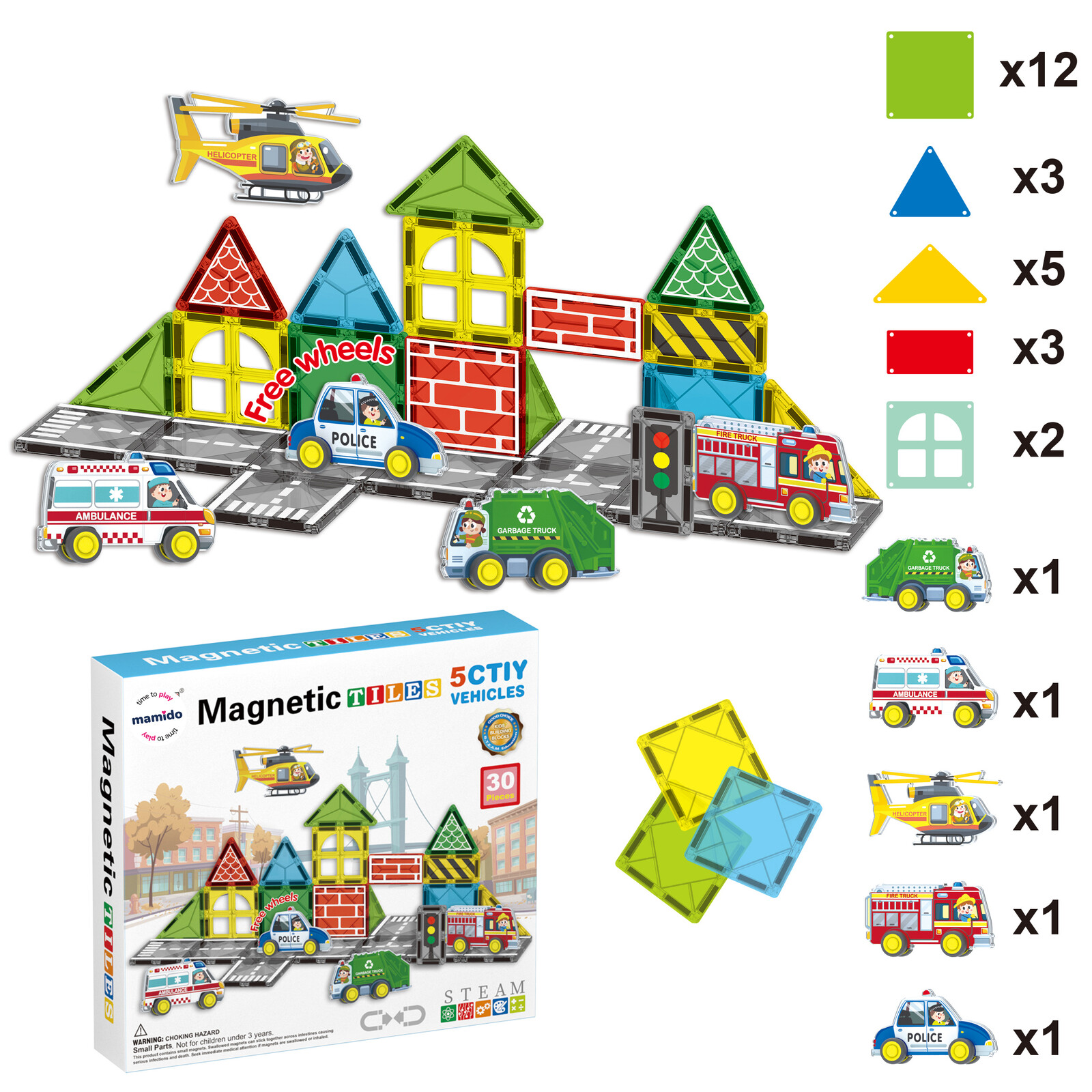 Mamido Magnetická stavebnice dopravní město 30 dílů, 5x služební vozidla MT1438