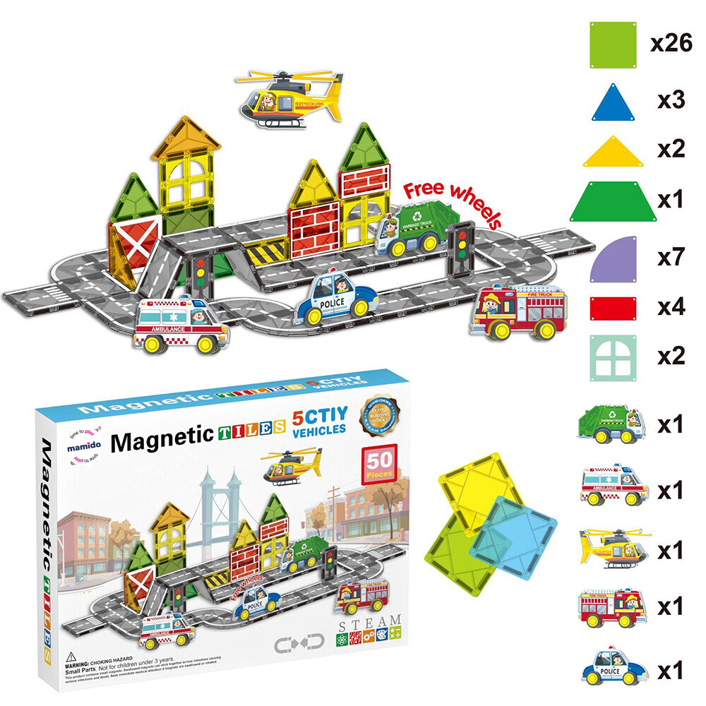 Mamido Magnetická stavebnice město 50 dílů, 5x služební vozidla MT1447
