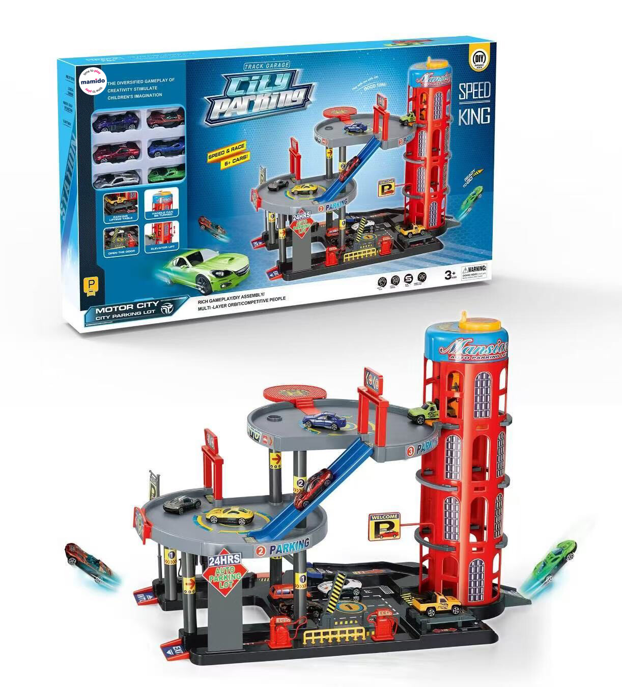Mamido Patrové parkoviště, garáž pro autíčka s výtahem, 6 kovových autíček MT1172