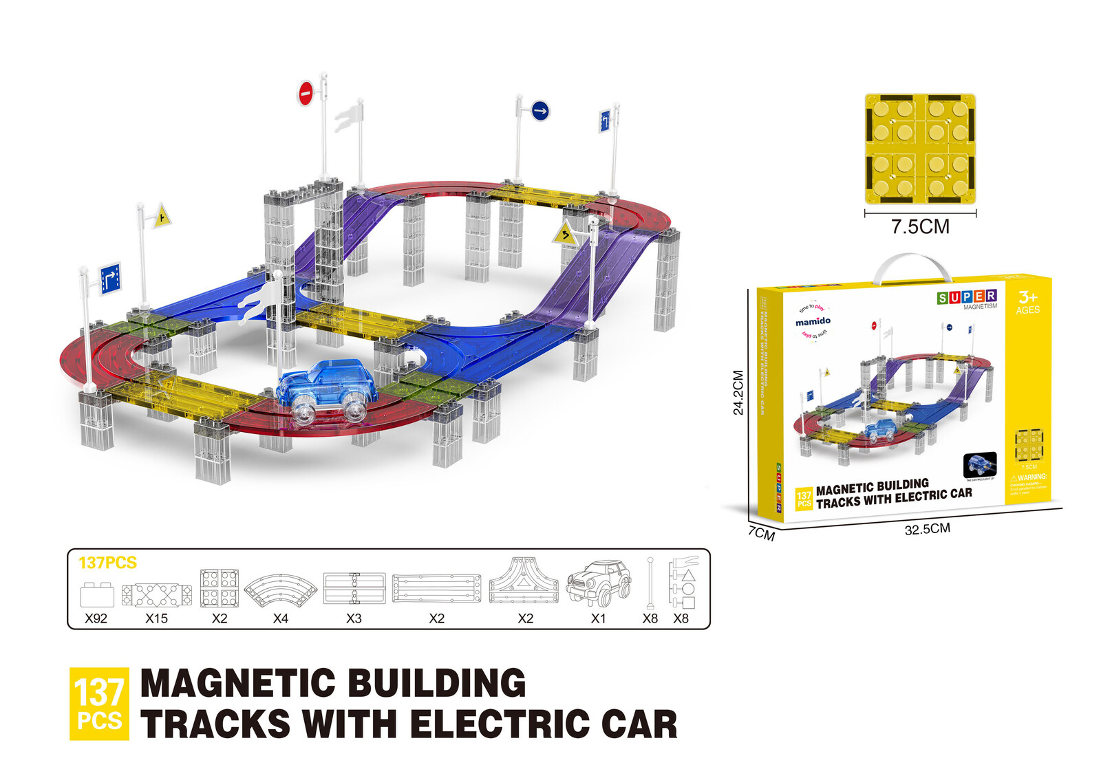 Mamido Magnetická stavebnice závodní dráha s elektrickým autíčkem 137 dílů MT1465