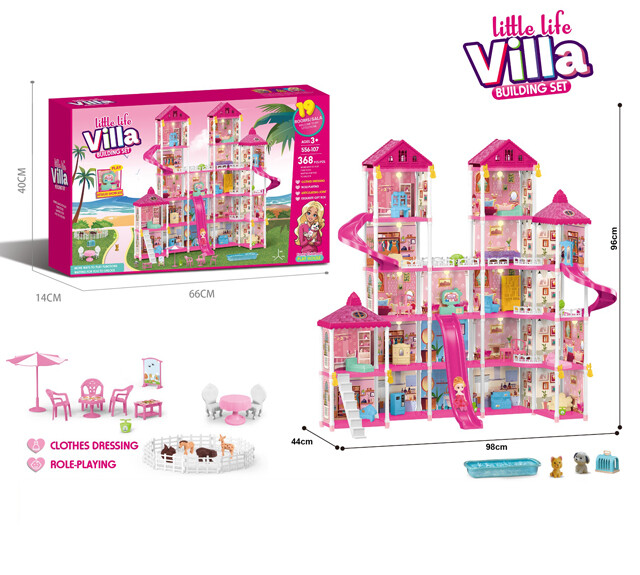 Mamido Domeček pro panenky s LED světly, doplňky a panenkou 368 dílů růžový MT1585