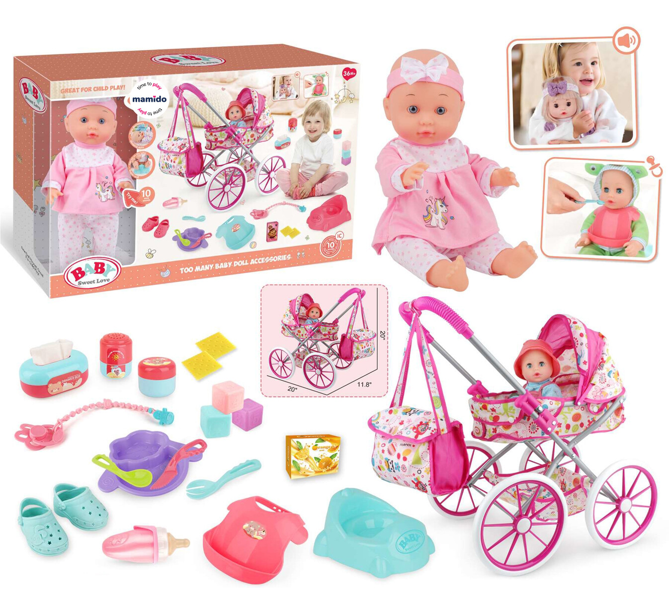 Mamido Panenka miminko s kočárkem a doplňky Baby Sweet Love MT1596