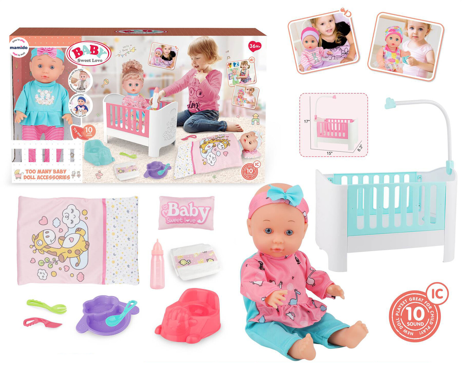 Mamido Panenka miminko s postýlkou a doplňky Baby Sweet Love MT1597