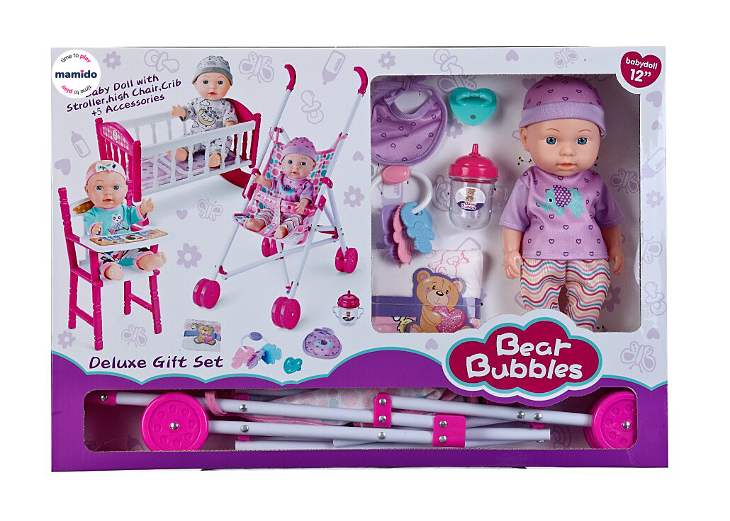 Mamido Panenka miminko s kočářkem, kolébkou, jídelní židličkou a doplňky MT1632