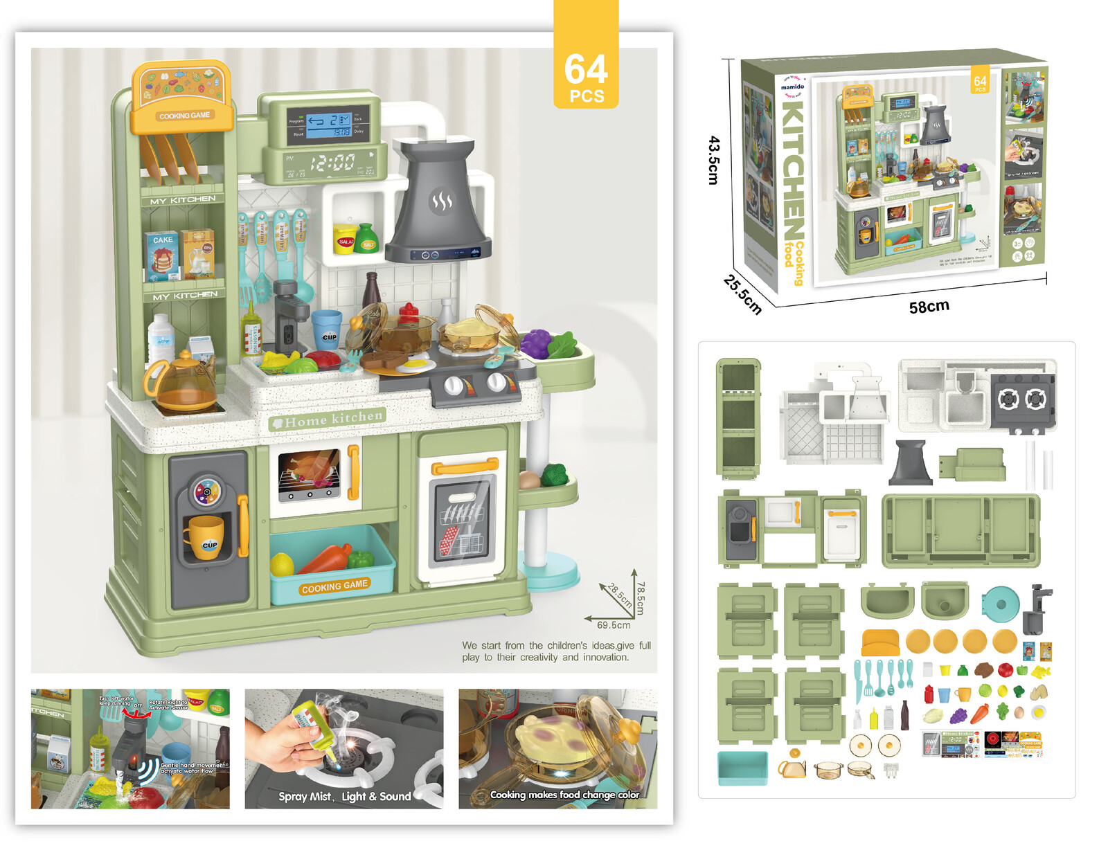 Mamido Dětská kuchyňka se světlem, zvukem a tekoucí vodou 64 dílů zelená