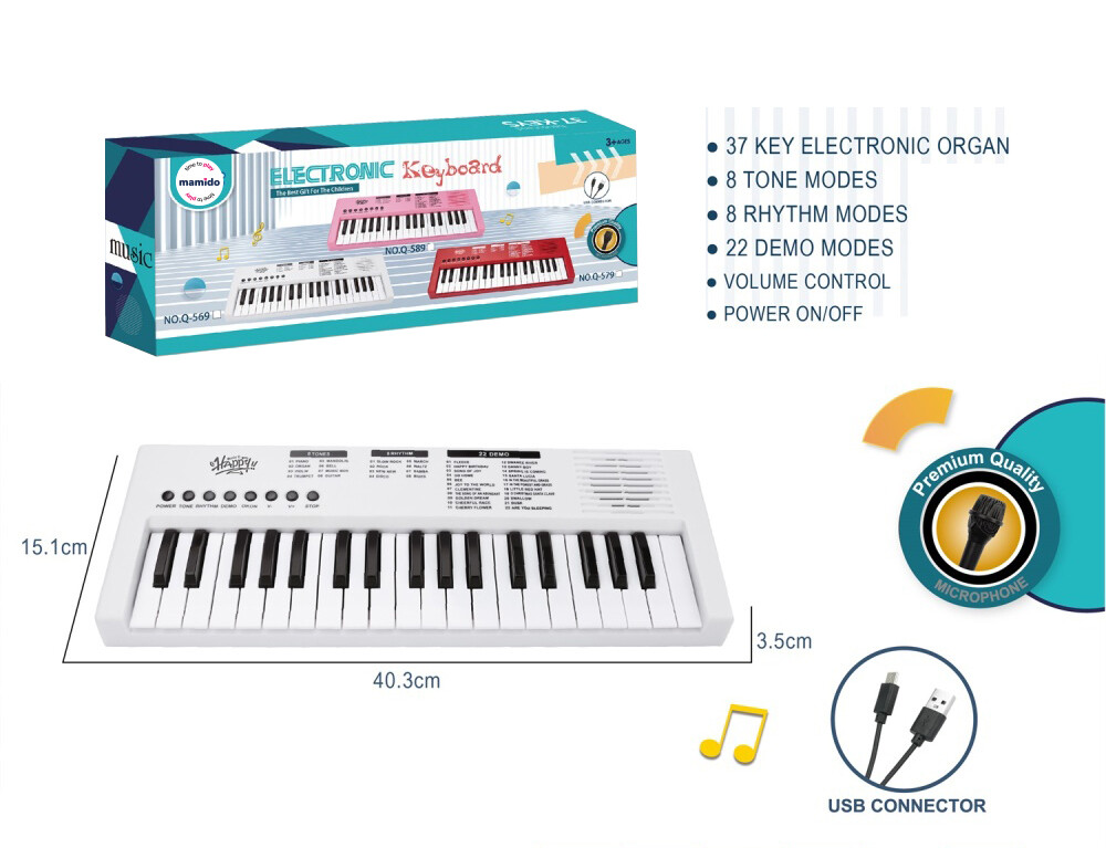 Mamido Dětský keyboard s mikrofonem 37 kláves bílý