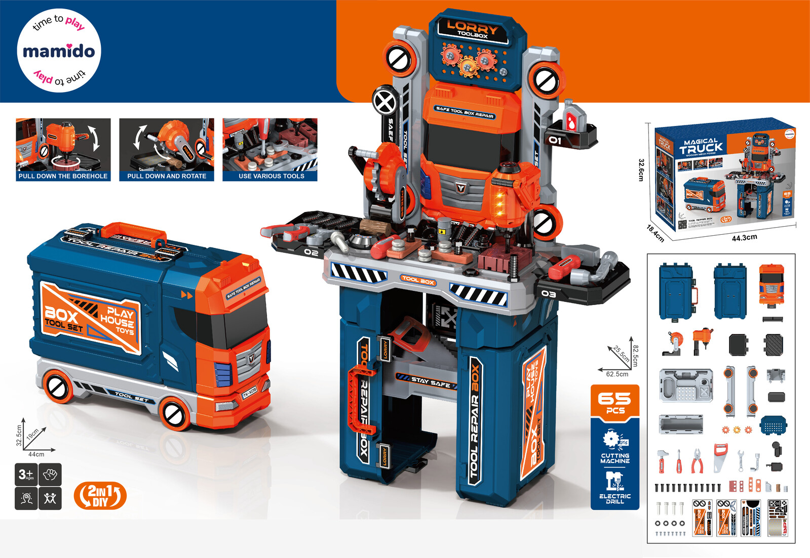 Mamido Dětský nákladní kamion 2v1 s dílnou a nářadím transformer 65 dílů