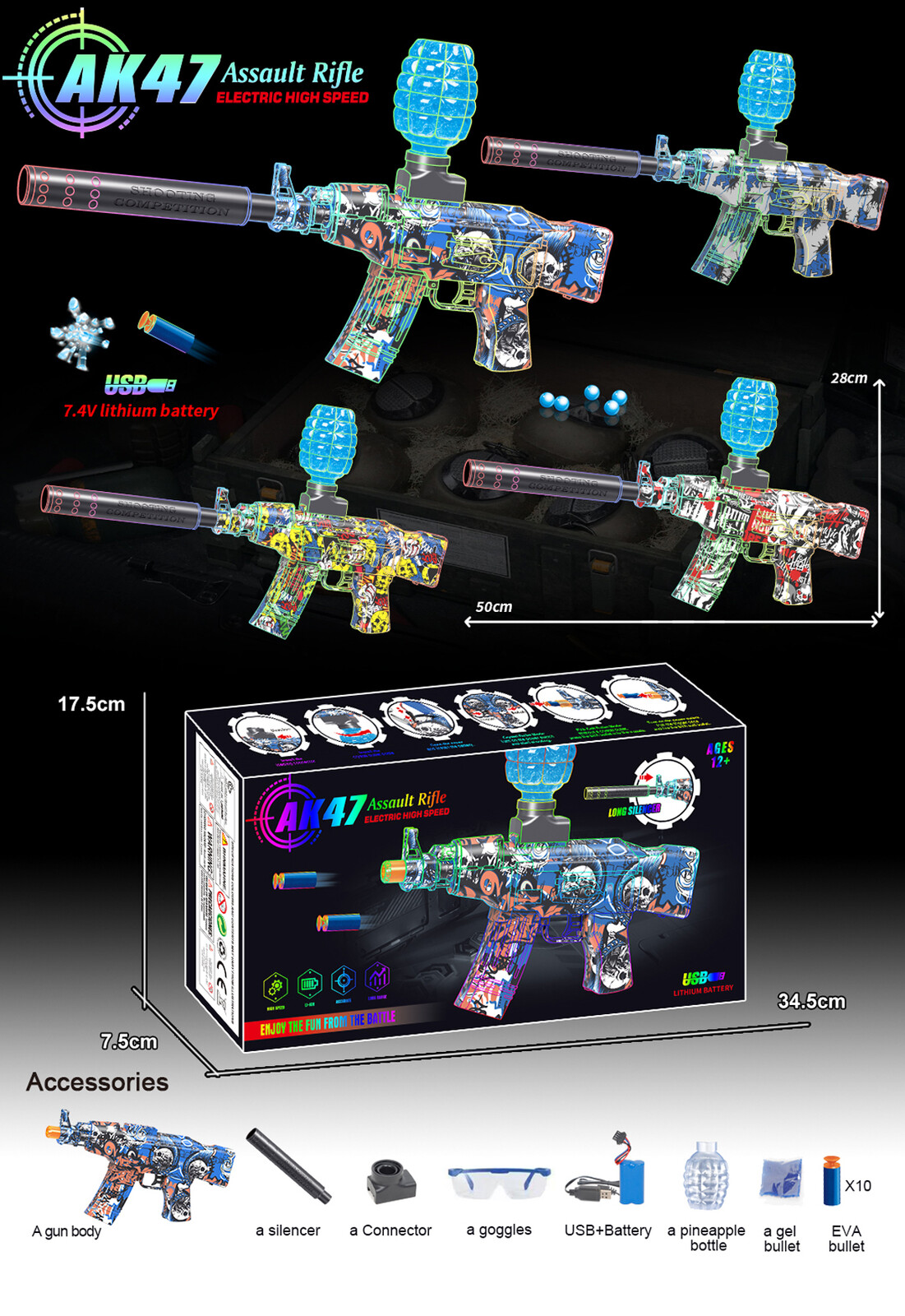 Mamido Dětská automatická puška AK47 2v1 pěnové náboje a vodní gelové kuličky MT1604