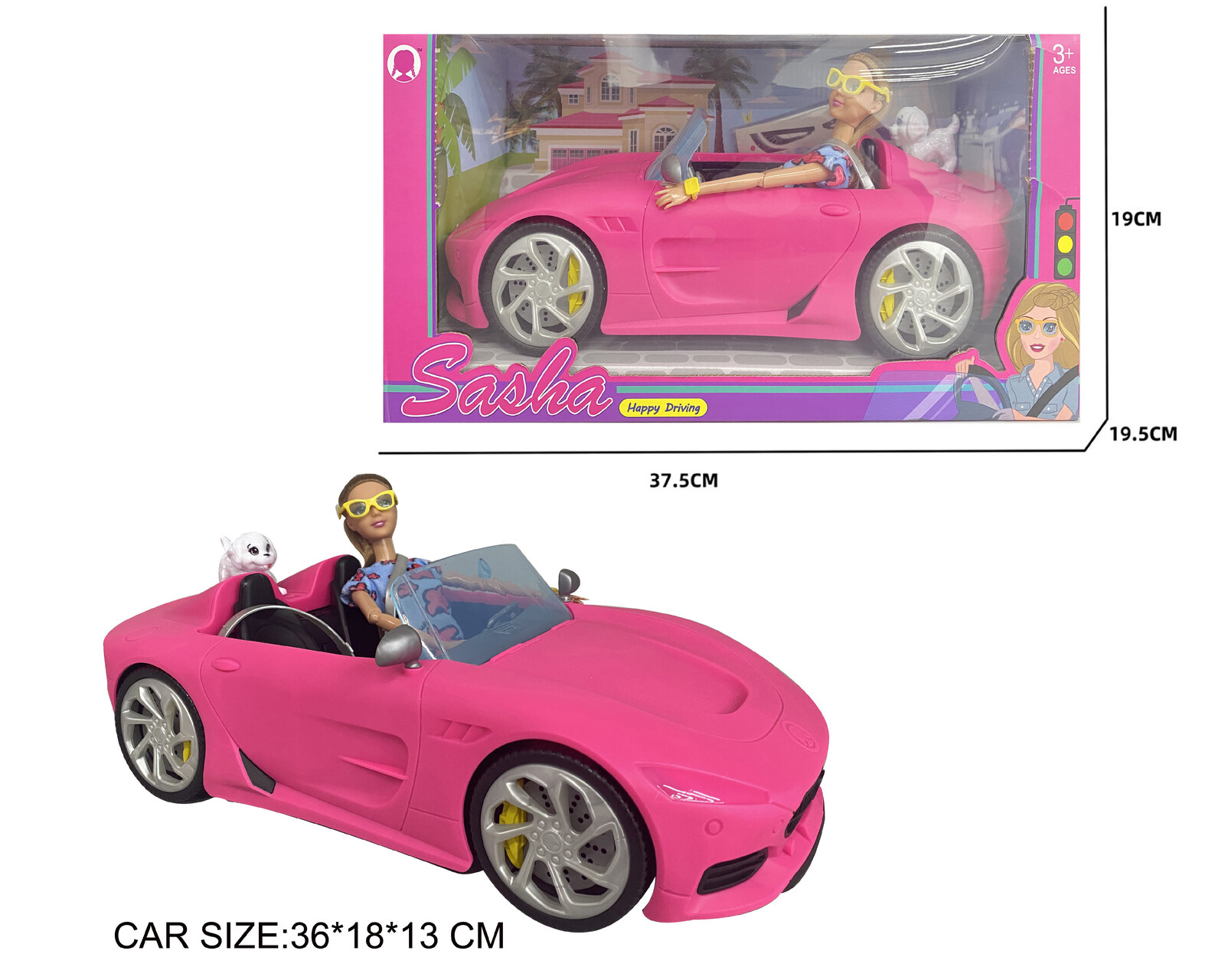 Mamido Panenka Sasha 29 cm, Autíčko Cabriolet růžové MT1612