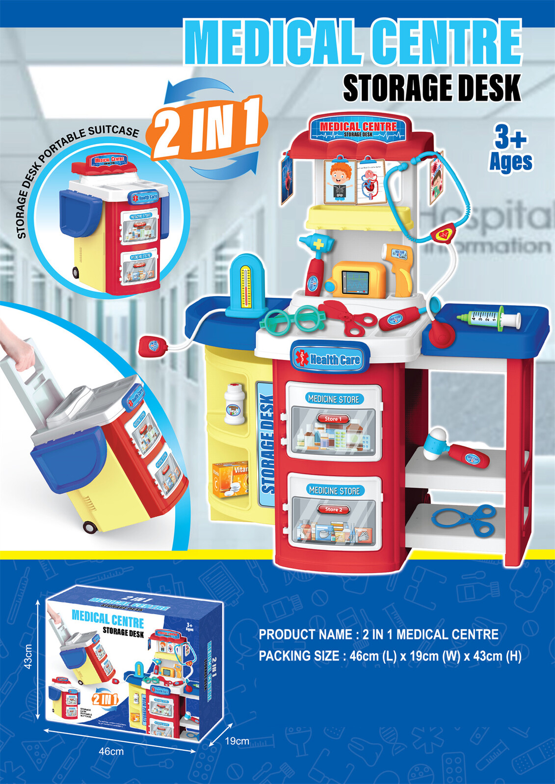 Mamido Lékařská sada s pracovním stolkem v přenosném kufříku na kolečkách 2v1