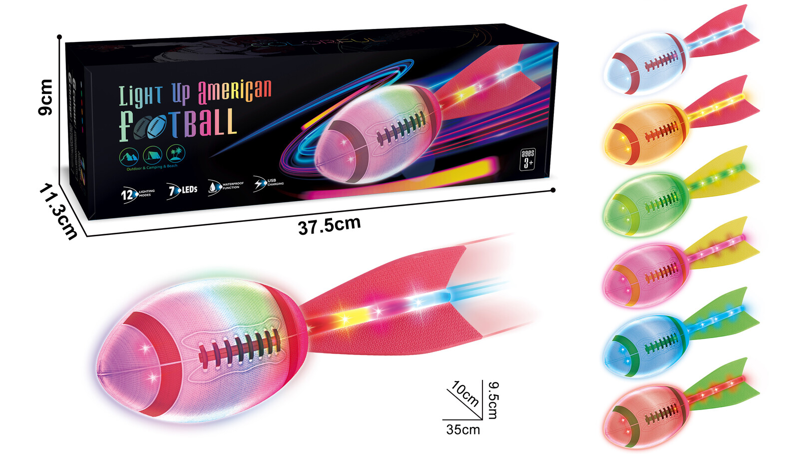 Mamido Barevný svítící míč na americký fotbal, rugby s ocasem, 12 světelných režimů MT1581