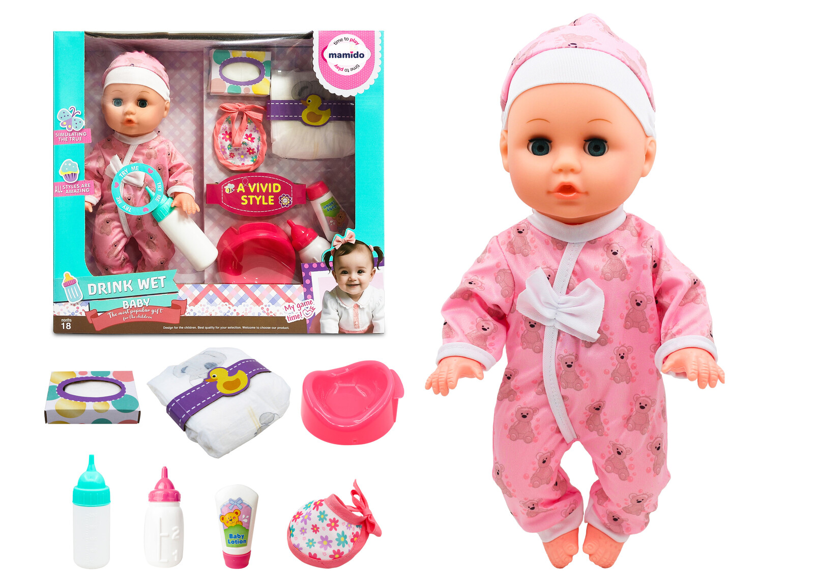 Mamido Interaktivní panenka miminko s nočníkem - pije, čůrá a vydává zvuky MT1104