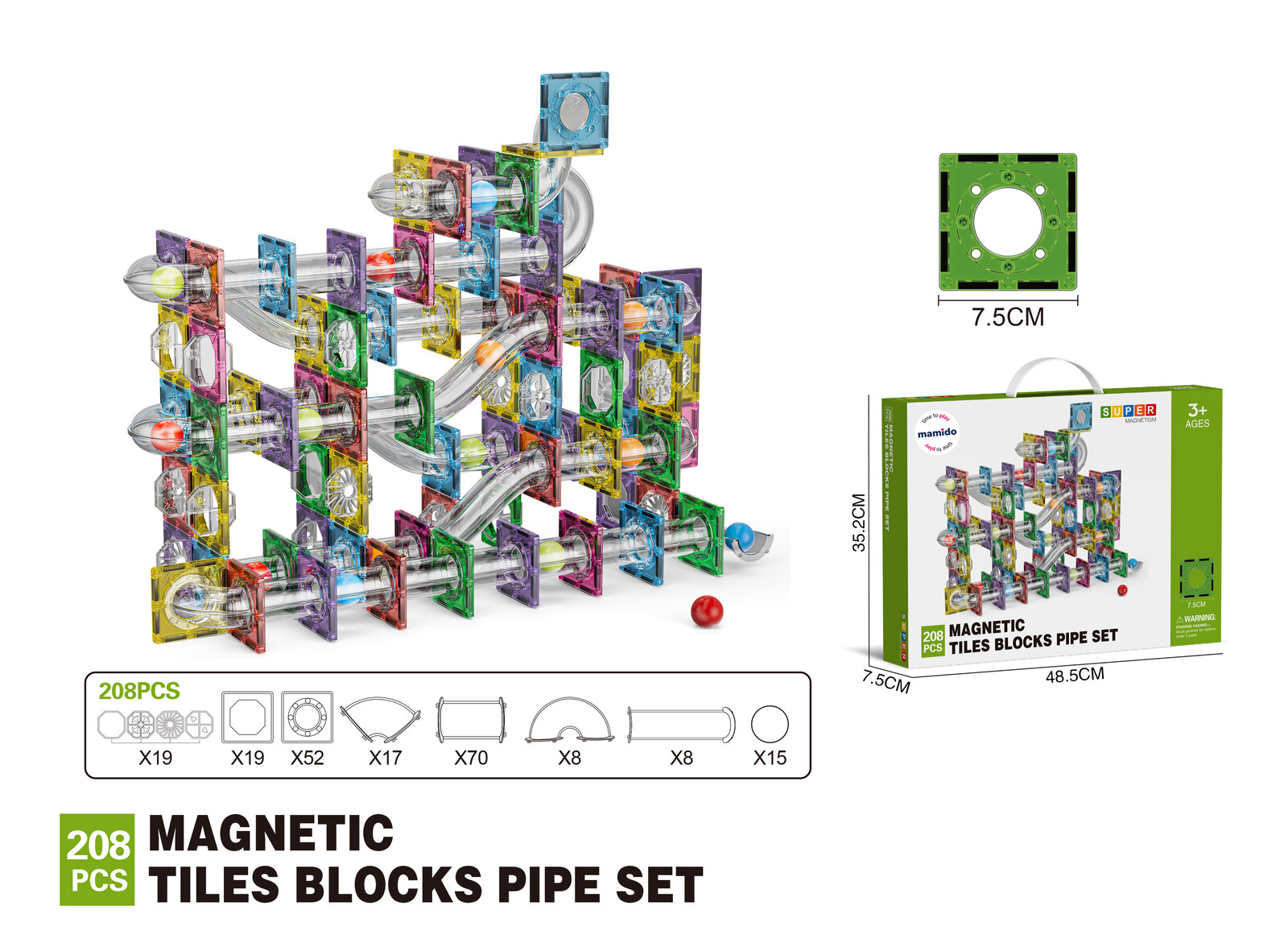 Mamido Barevná magnetická stavebnice kuličková dráha 208 dílů MT1466