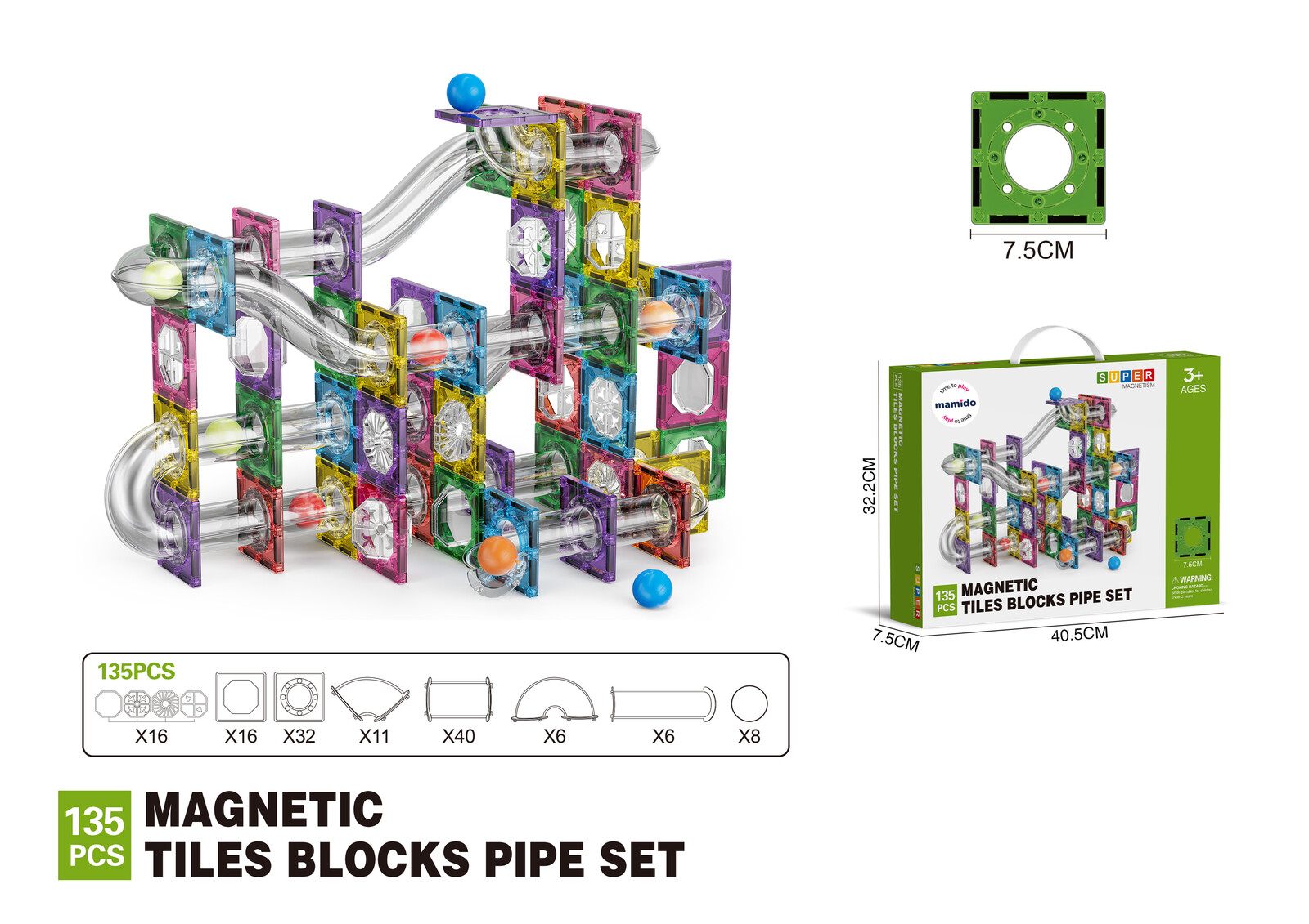 Mamido Barevná magnetická stavebnice kuličková dráha 135 dílů MT1467