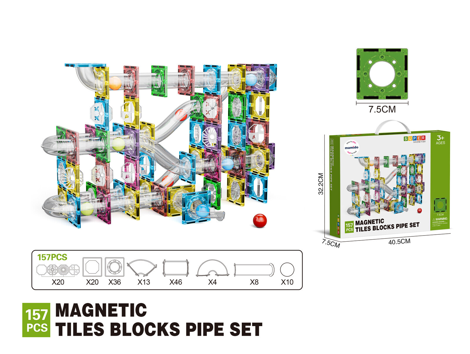 Mamido Barevná magnetická stavebnice kuličková dráha 157 dílů MT1468