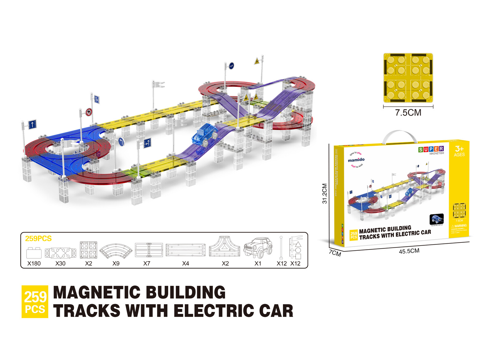 Mamido Magnetická stavebnice závodní dráha s elektrickým autíčkem 259 dílů XXL MT1469