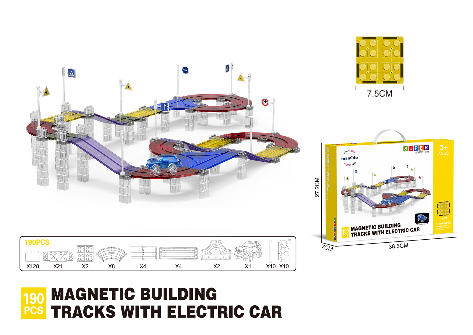 Mamido Magnetická stavebnice závodní dráha s elektrickým autíčkem 190 dílů XL MT1473