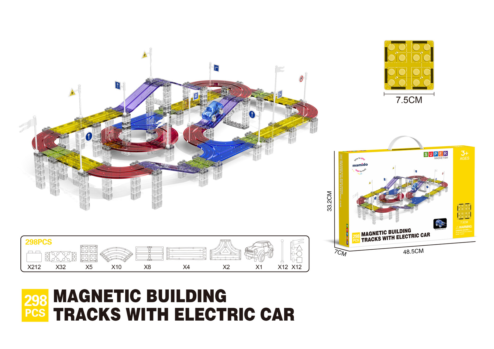 Mamido Magnetická stavebnice závodní dráha s elektrickým autíčkem 298 dílů Ultra XXL MT1474