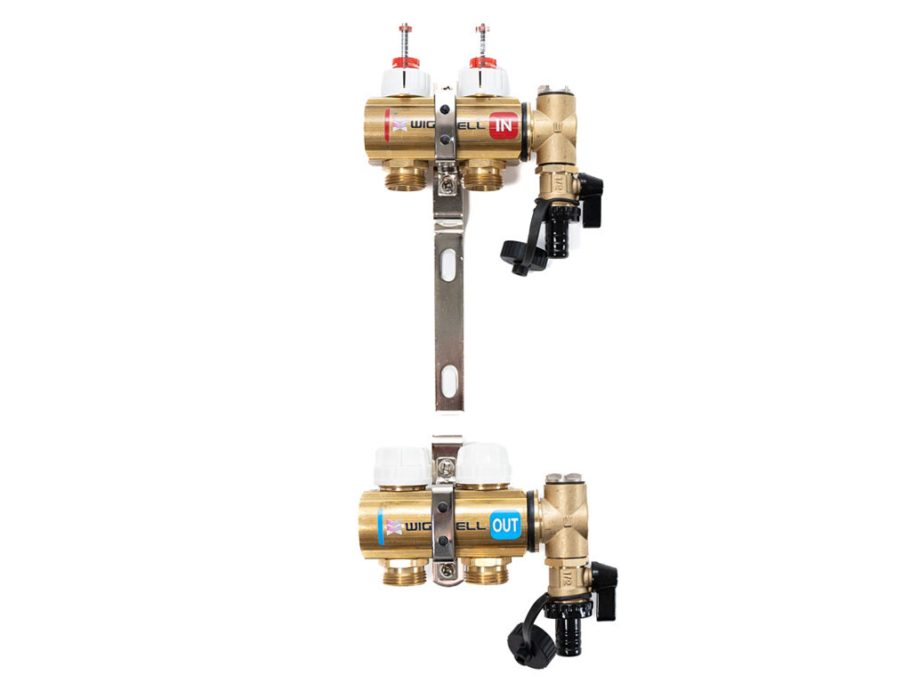 Wigell Podlahový rozdělovač WIGELL, 2 okruhy, mosazný + odvzdušňování na klíč