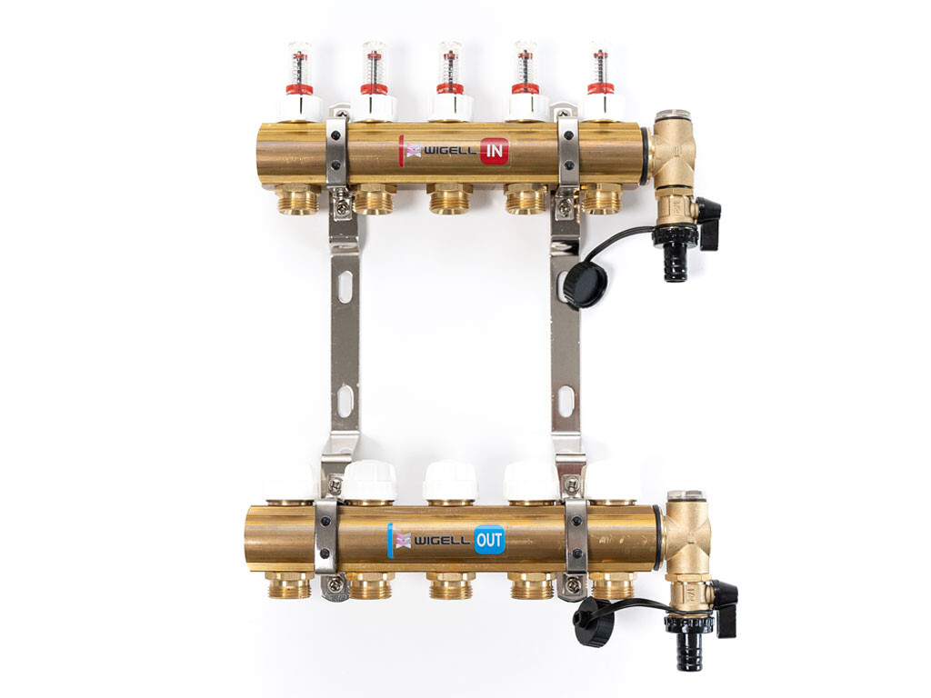 Wigell Podlahový rozdělovač WIGELL, 5 okruhů, mosazný + odvzdušňování na klíč