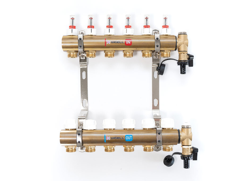 Wigell Podlahový rozdělovač WIGELL, 6 okruhů, mosazný + odvzdušňování na klíč