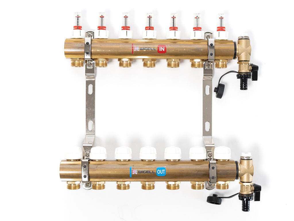Wigell Podlahový rozdělovač WIGELL, 7 okruhů, mosazný + odvzdušňování na klíč